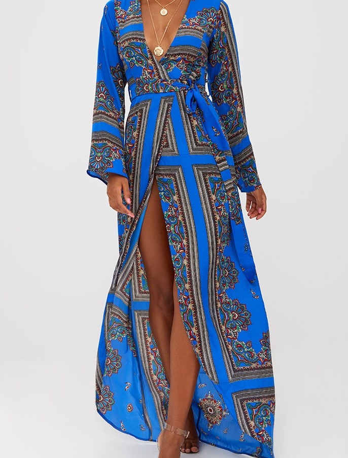 Cobalt Print Satin Kimono Maxi Dress